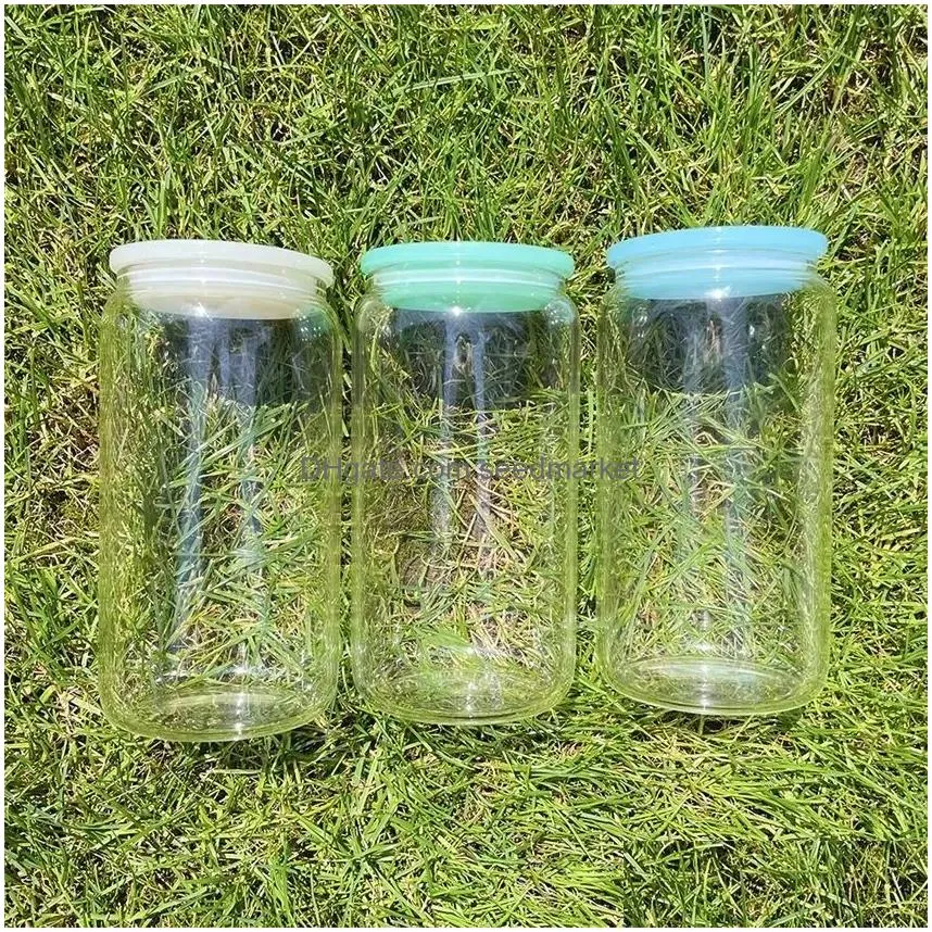 replaced colored plastic lids for 16oz glass tumbler blank clear frosted glass mason jar libby can cooler cola beer food cans 5 colors