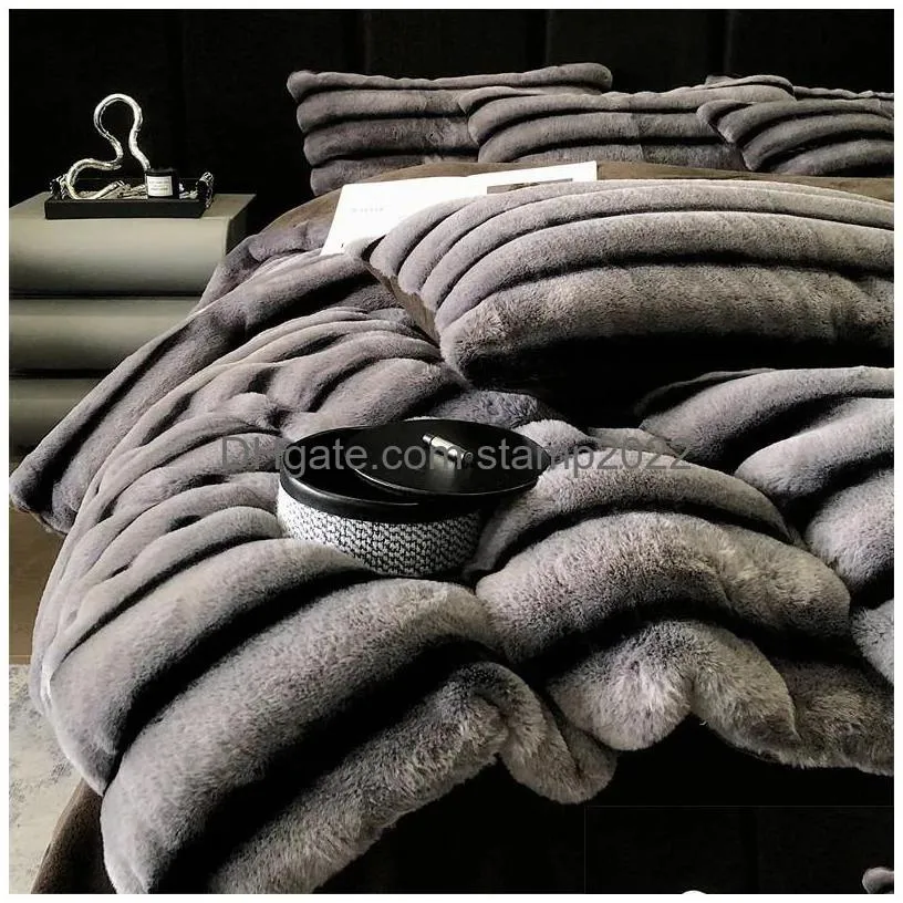 bedding sets faux rabbit fur velvet fleece winter set soft plush stereoscopic stripe duvet cover flatfitted bed sheet pillowcase