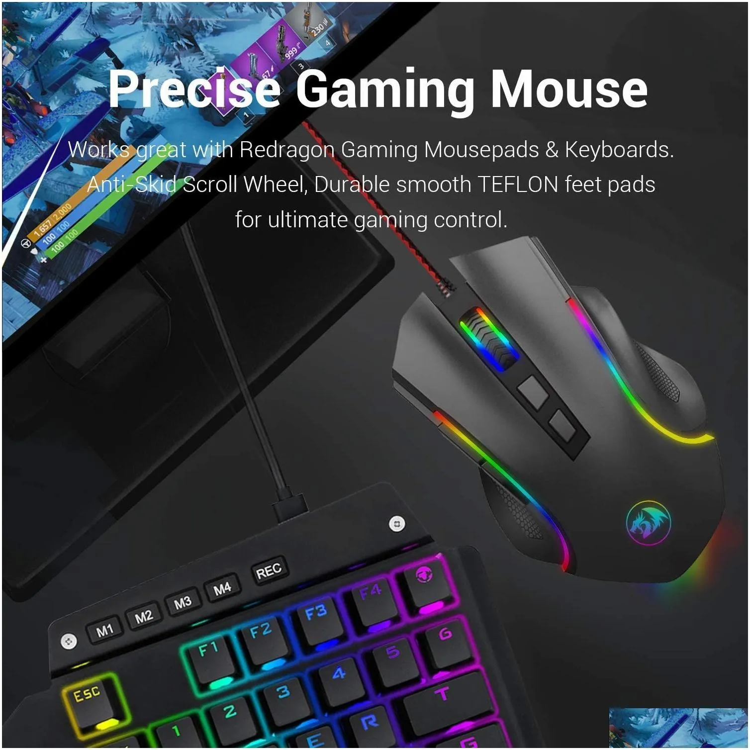 n M607 RGB Wired Gaming Mouse Ergonomic Mouse Programmable with 7 Backlight Modes up to 7200 DPI for Windows PC Gamers