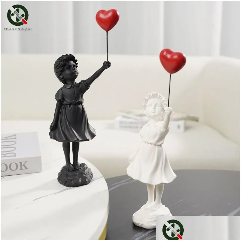 decorative objects figurines flying balloon girl figurine banksy home decor modern art sculpture resin figure craft ornament collectible statue