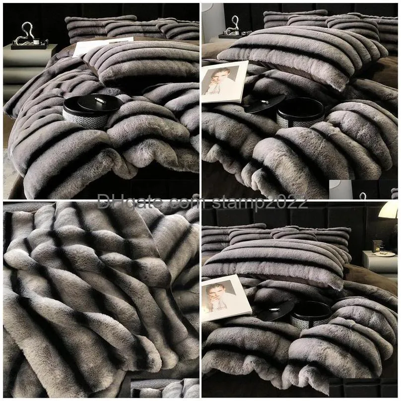 bedding sets faux rabbit fur velvet fleece winter set soft plush stereoscopic stripe duvet cover flatfitted bed sheet pillowcase