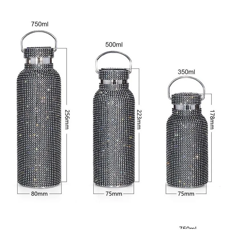 350ml/500ml/750ml Diamond Thermos Bottle Insulated Rhinestone Vacuum Cup Stainless Steel Flask Bottle Drinking Kettle with Chain