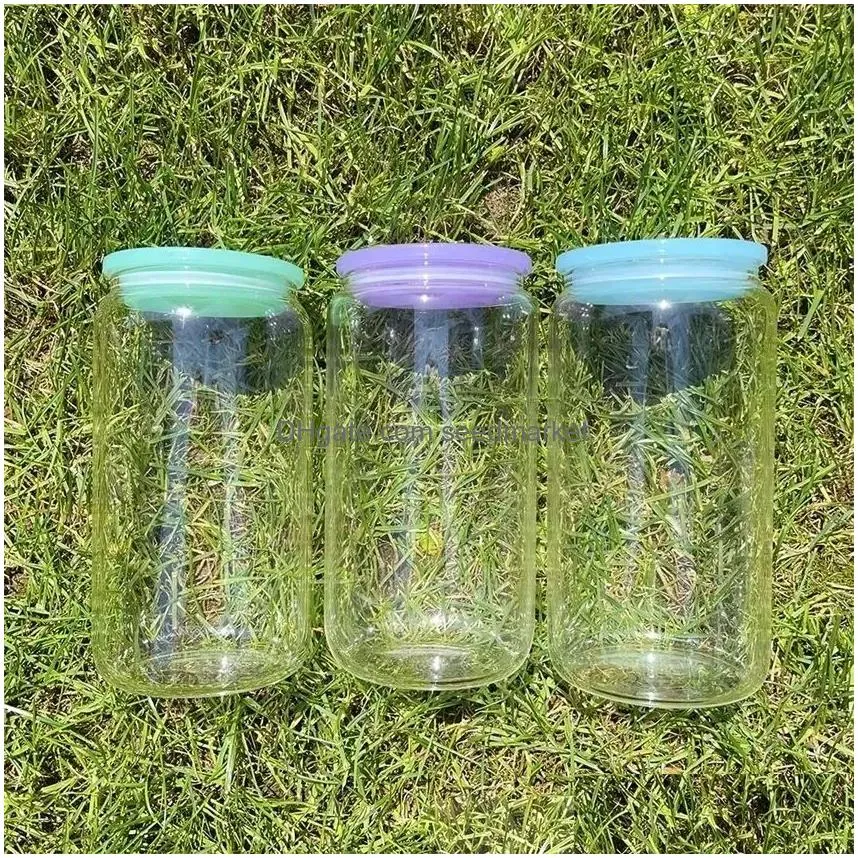 replaced colored plastic lids for 16oz glass tumbler blank clear frosted glass mason jar libby can cooler cola beer food cans 5 colors