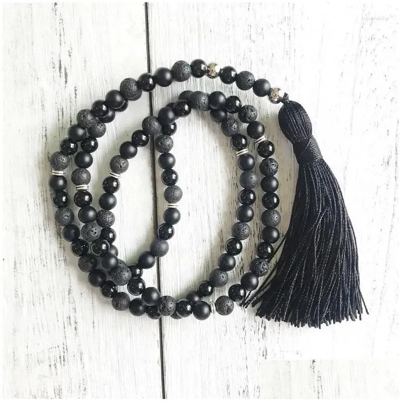 Pendant Necklaces Black Onyx And Lava Stone Necklace Tassel Yoga Jewelry Prayer Beads Men`s