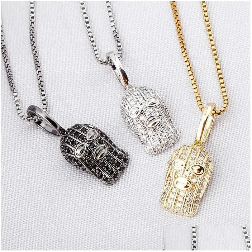 925 Sterling Silver Womens Terrorist Face Mask Pendant Necklace Black Iced Out Cubic Zirconia Top Quality Full Bling Diamond Hip Hop Jewelry Gift for Ladies