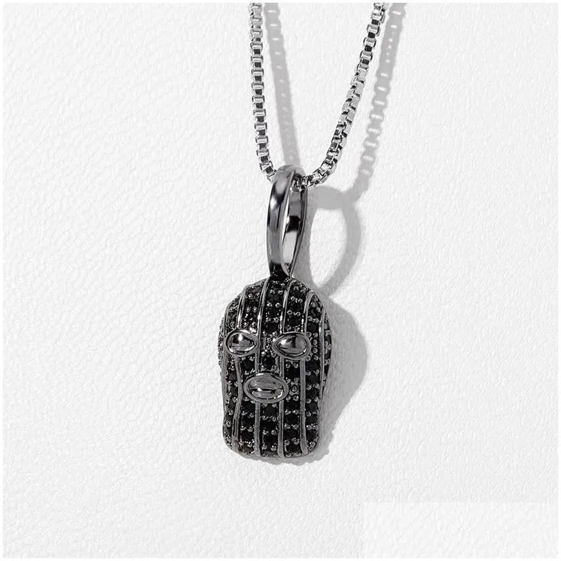 925 Sterling Silver Womens Terrorist Face Mask Pendant Necklace Black Iced Out Cubic Zirconia Top Quality Full Bling Diamond Hip Hop Jewelry Gift for Ladies