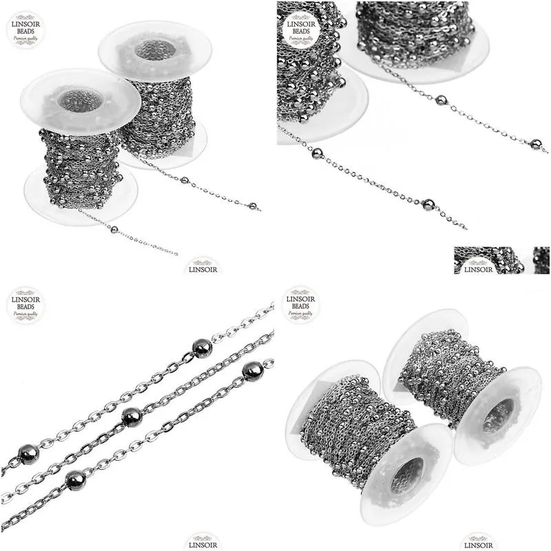 Chains Yards/Roll 1.5mm 2mm Rhodium Tone Stainless Steel Curb Ball Beaded Satellite Chain O Ring Bulk Link For Jewelry Making