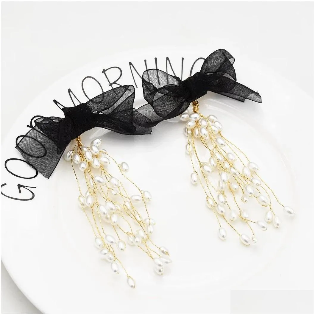 Elegant Black Bowknot Long Tassel Pearl Earring Bridal Wedding Charm Drop Earrings Party Jewelry