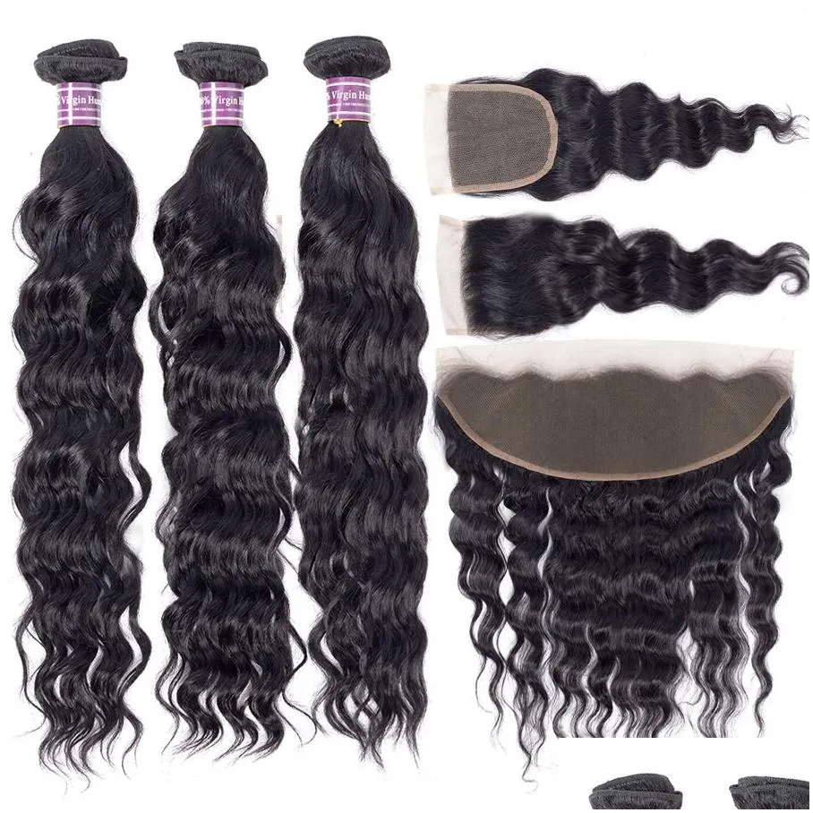 Brazilian Virgin Human Hair Bundles With Lace Closure Frontal Straight Deep Body Water Wave Kinky Curly Ear to Ear Extensions Weft Weave For Black