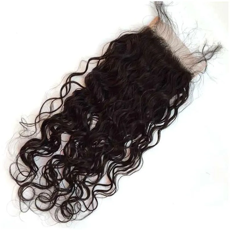 Wet And Wavy Lace Closures Baby Hair Virgin Mongolian Water Wave Human Hair Bleached Knots Top Closures