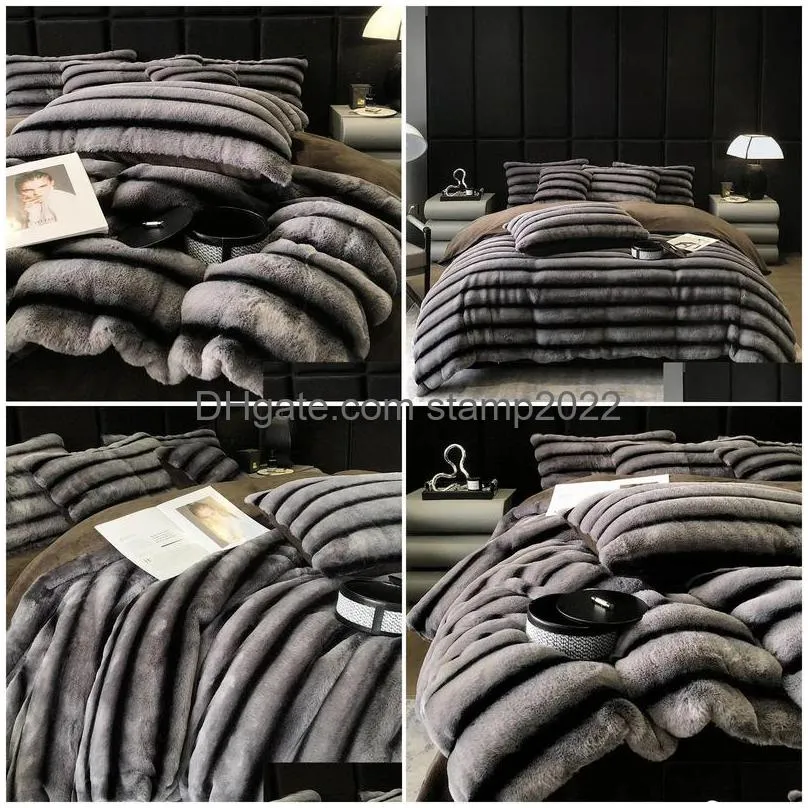 bedding sets faux rabbit fur velvet fleece winter set soft plush stereoscopic stripe duvet cover flatfitted bed sheet pillowcase