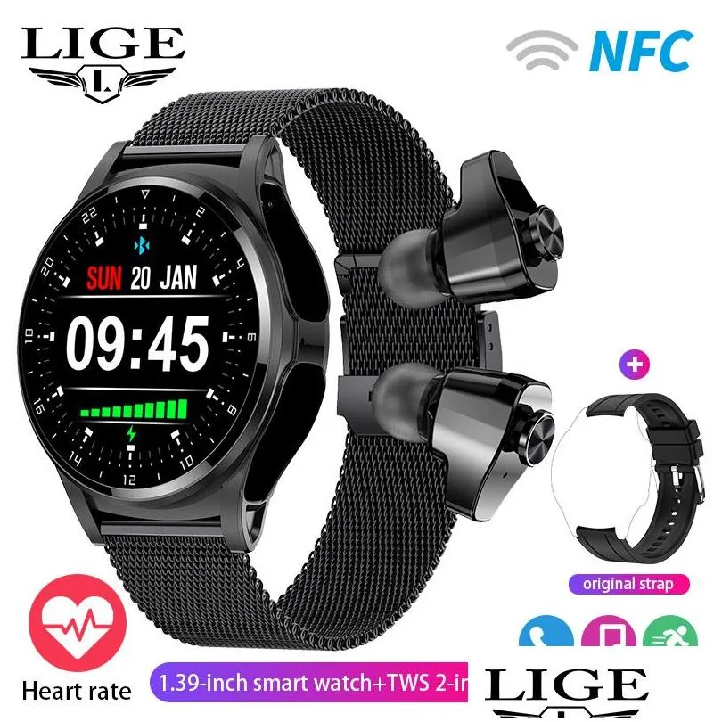 newst LIGE NFC Smartwatch TWS Bluetooth Headset Two-In-One 1.39HD Display IP67 Waterproof Heart Rate Monitor Male Sports Smartwarch