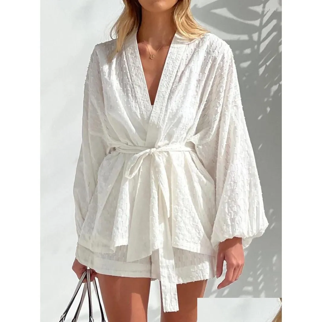 Women`s Sleepwear Marthaqiqi White Cotton Pajamas For Women Casual Long Sleeve Lace-Up Robes With Shorts Set Jacquard Weave Pajama