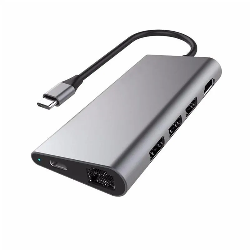 Multifunctional 8 in 1 USB-C Hub Triple USB 3.0 HDTV Audio SD TF Card Reader RJ45 Ethernet Adapter for MacBook Tablet