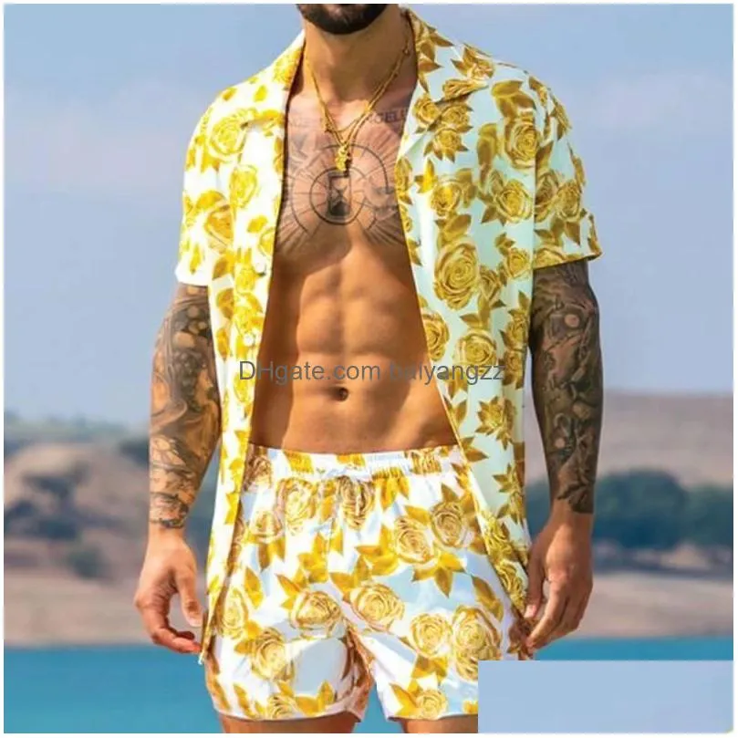 mens t shirts set short sleeve hawaiian shirt and shorts summer casual floral beach two piece suit fashion men sets s-3xl