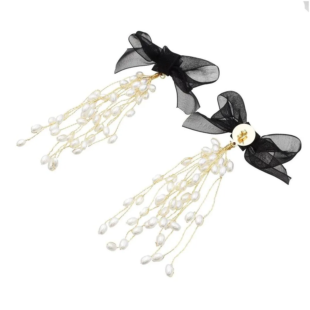 Elegant Black Bowknot Long Tassel Pearl Earring Bridal Wedding Charm Drop Earrings Party Jewelry