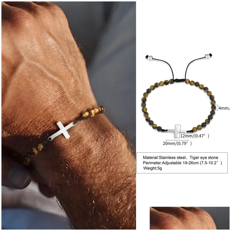 Link Bracelets Tiger Eye Bracelet Cross For Men Or Women Yellow 4mm Beads Man Mens Beaded Surfer