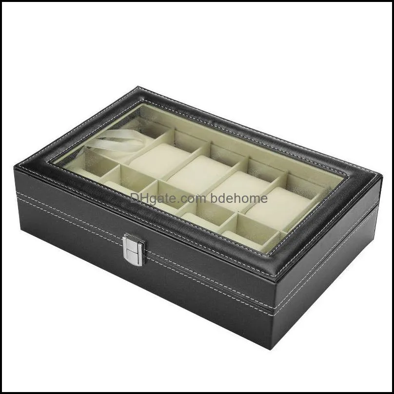 12 slots wrist watch boxes holder storage case organizer black pu leather watch display cases 300x200x80mm