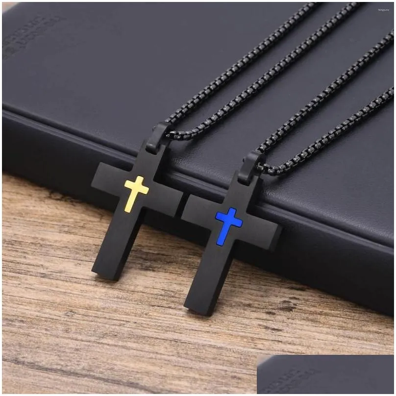 Pendant Necklaces Pendant Necklaces Mprainbow Mens Double Layer Cross Waterproof Stainless Steel Relius Collar Gifts Box Chain 50/55/6 Ot2Ce
