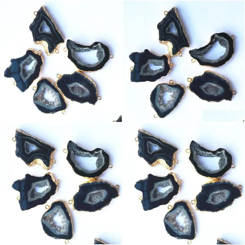 Pendant Necklaces Natural Black Agates Slice Connectors Gold Irregular Raw Onyx Druzy Stones Pendants For DIY Jewelry MakingPendant