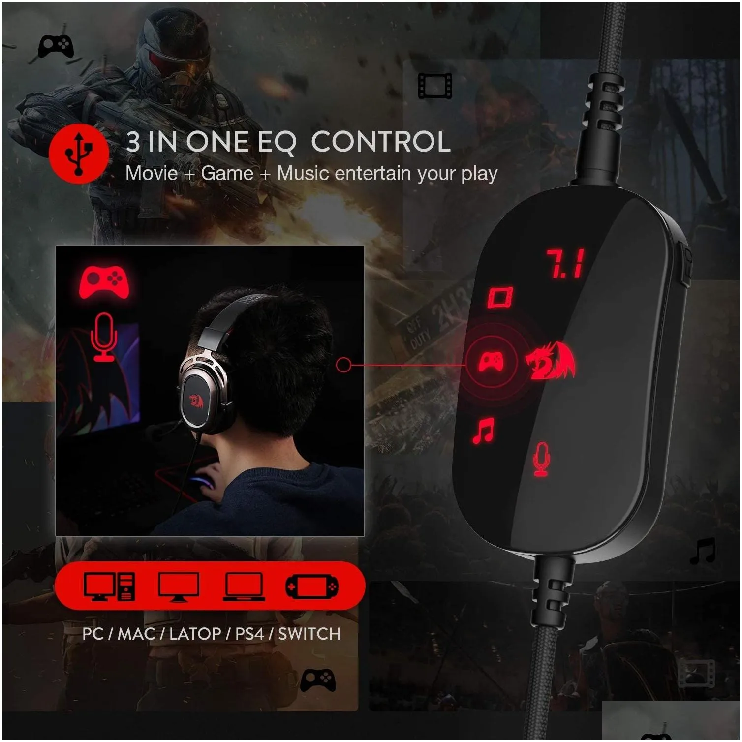 n H710 Helios USB Wired Gaming Headset - 7.1 Surround Sound - Memory Foam Ear Pads - 50MM Drivers - Detachable Microphone