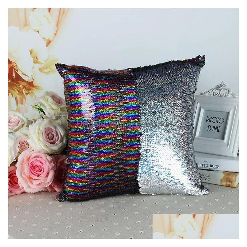 sequin mermaid throw pillow diy glitter magical two color change reversible white cushion cover sofa home decorative pillowcase inventory