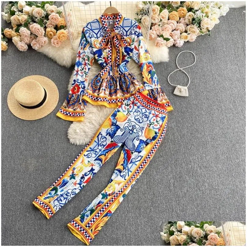 Women`S Two Piece Pants Runway Fashion Elegant Vintage Print Pant Suit Ruffle Blouse Shirt Top And Long Pants Two Piece Set Women Sets Dhklp