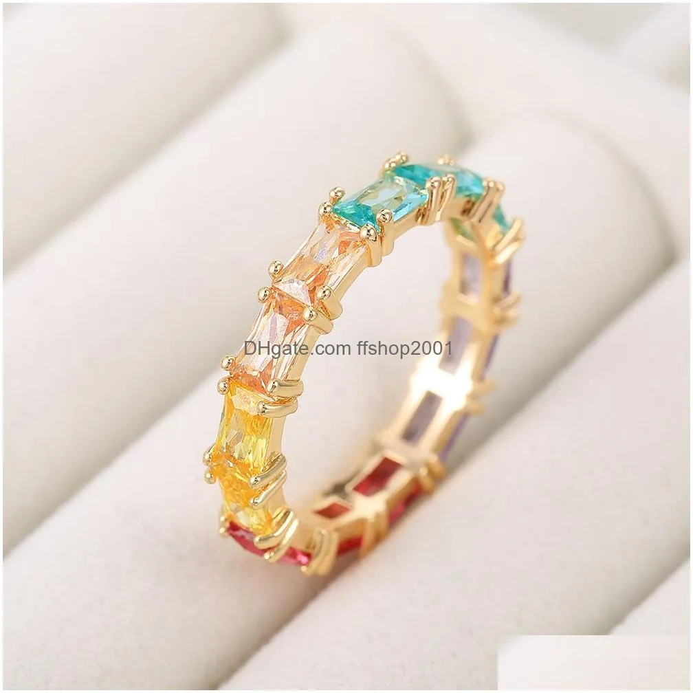 eternity rainbow ring wedding band for women 18k gold silver plated emerald-cut multi color created-gemstone ring