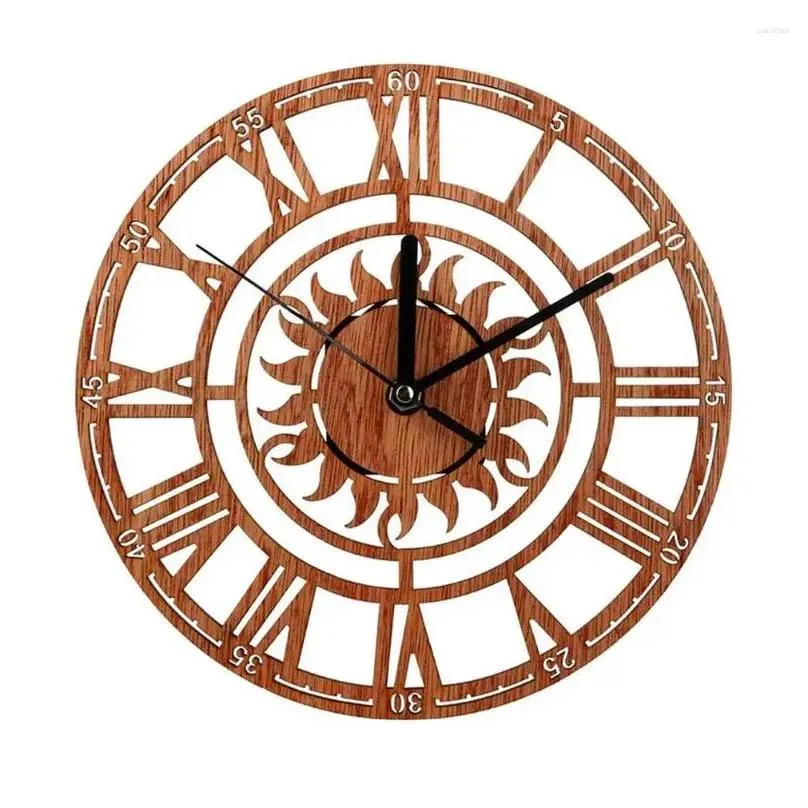 Wall Clocks Sun-shaped Wooden Clock Vintage Roman Numeral Creative Home Bedroom Decoration Digital X0B0
