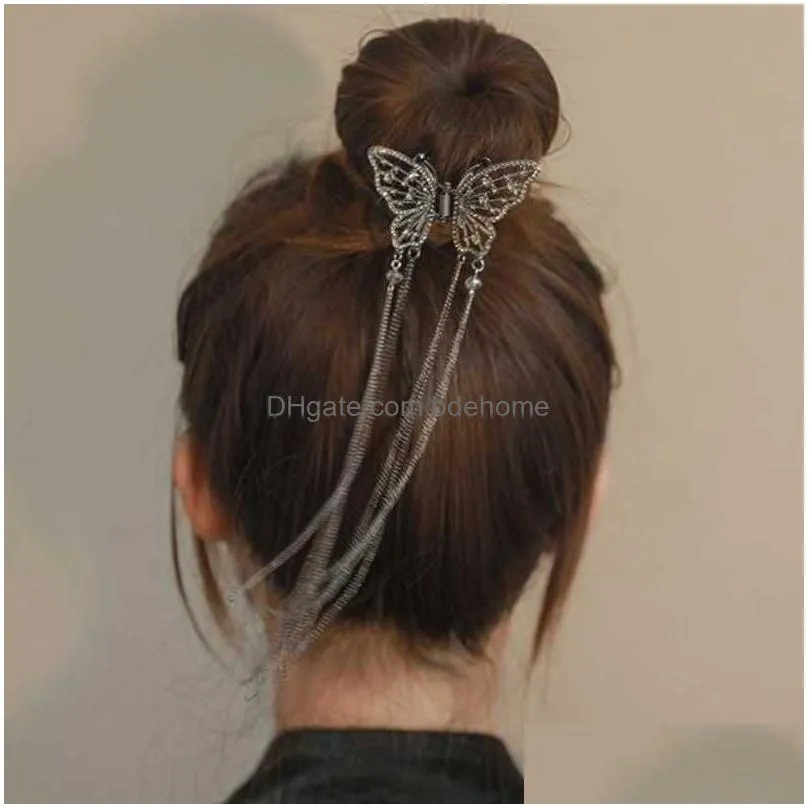 Dangle & Chandelier Dangle Chandelier Korean Butterfly Pearl Tassel Hair Clip Women Crystal Simple Claw Shark Crab Clips Girls Hairpin Dhnul