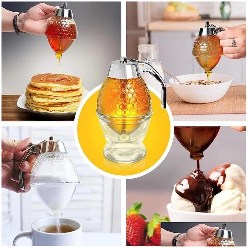 Storage Bottles Honey Dispenser No Drip-Honey Container-Syrup - Beautiful Comb Shaped Pot-Plastic Jar-Bee Decor-Honey Containers