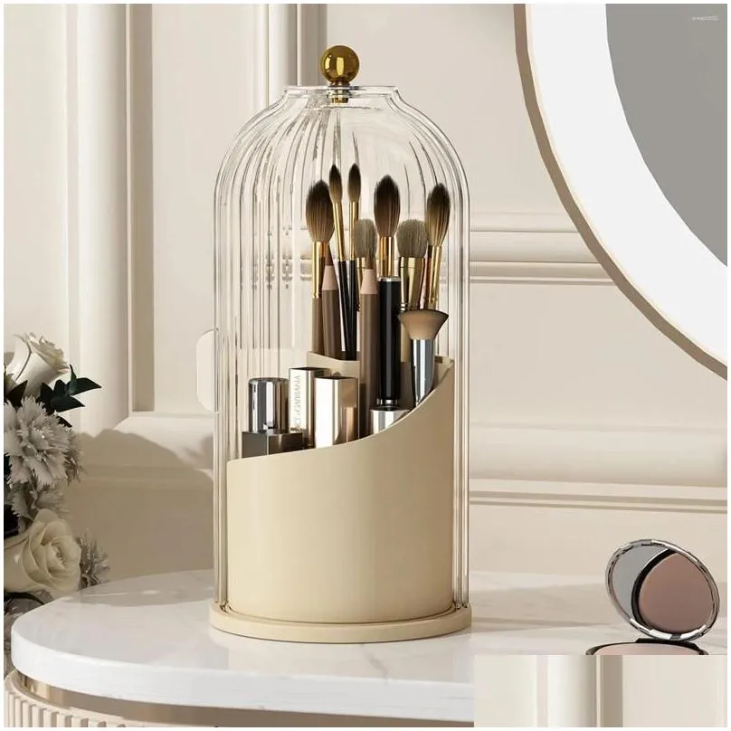 Storage Boxes Makeup Brush Holder Organizer With Lid 360 Rotating Clear Dustproof Brushes For Vanity Desktop Bathroom Counter