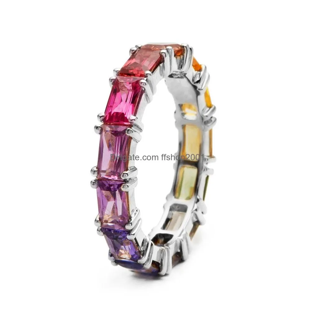 eternity rainbow ring wedding band for women 18k gold silver plated emerald-cut multi color created-gemstone ring