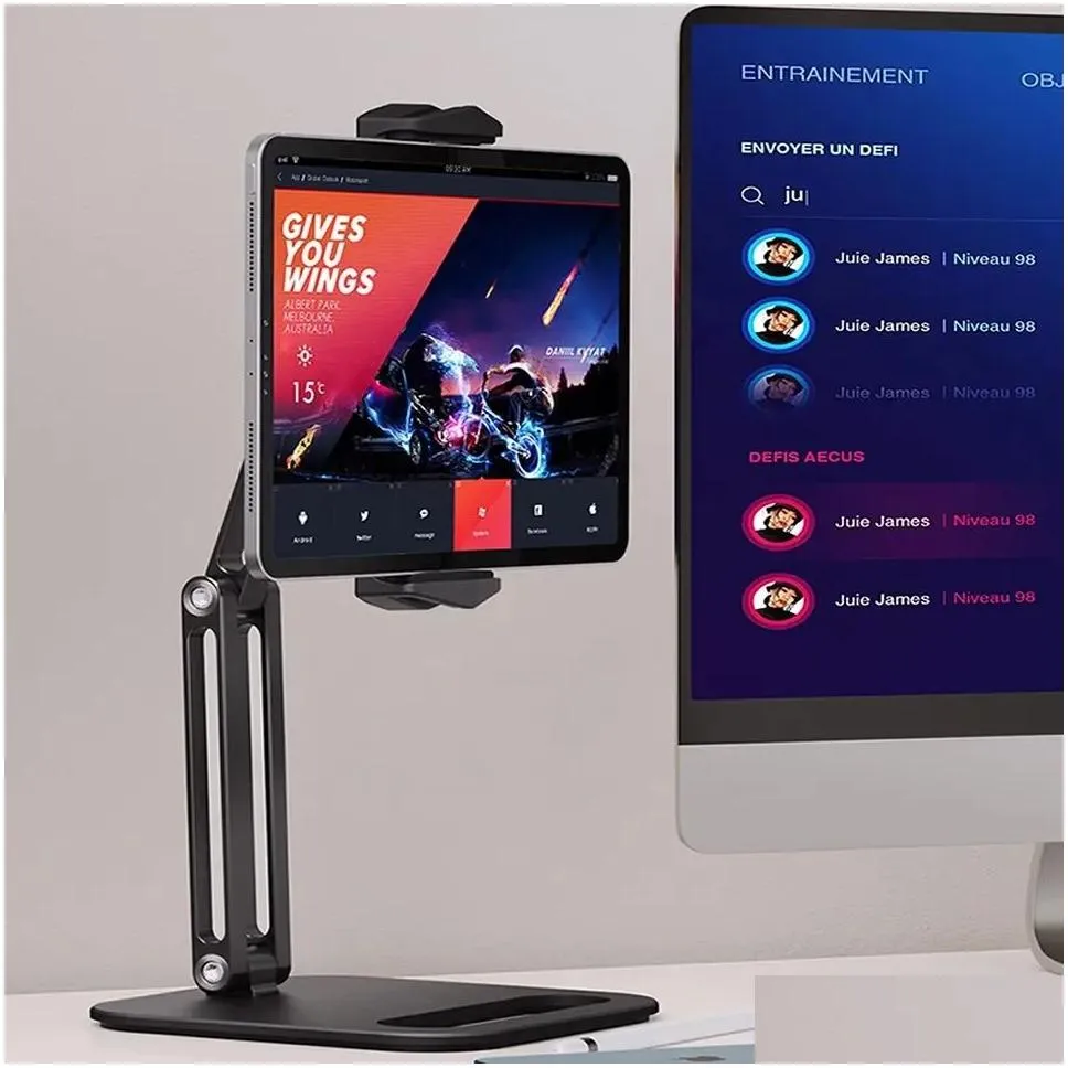 Tablet Stand Holder Desktop Phone Mount Stand with 2 Adjustable Arm and 360° Rotates Tablet Holder Universal Foldable Multi Angle