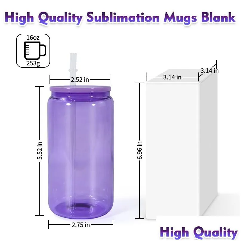16oz Sublimation Colored Glass Cans with Colorful Lid Colored Jelly blank Sublimation Glass Cups Beer Can Glass Jar Drinking Glasses with Reusable