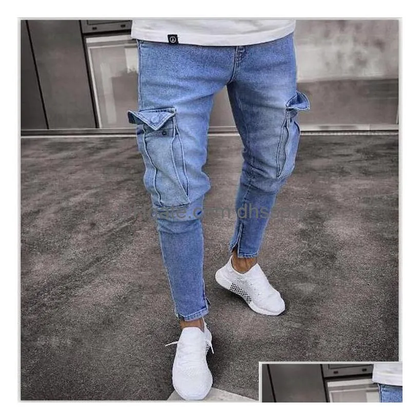 multi pocket men ripped skinny jeans destroyed frayed slim fit denim pant casual hole zipper nostalgic blue pants