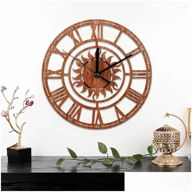 Wall Clocks Sun-shaped Wooden Clock Vintage Roman Numeral Creative Home Bedroom Decoration Digital X0B0