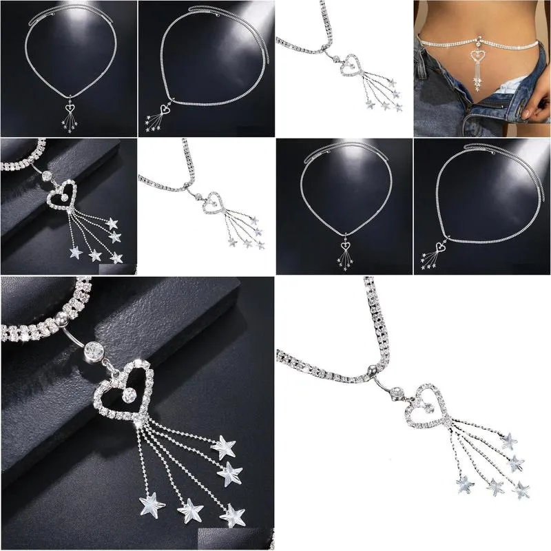 Navel Bell Button Rings GLAMing Boho Heart Dangle Rhinestone Piercing Chain Belly Ring with Waist Women Body Jewelry 231204