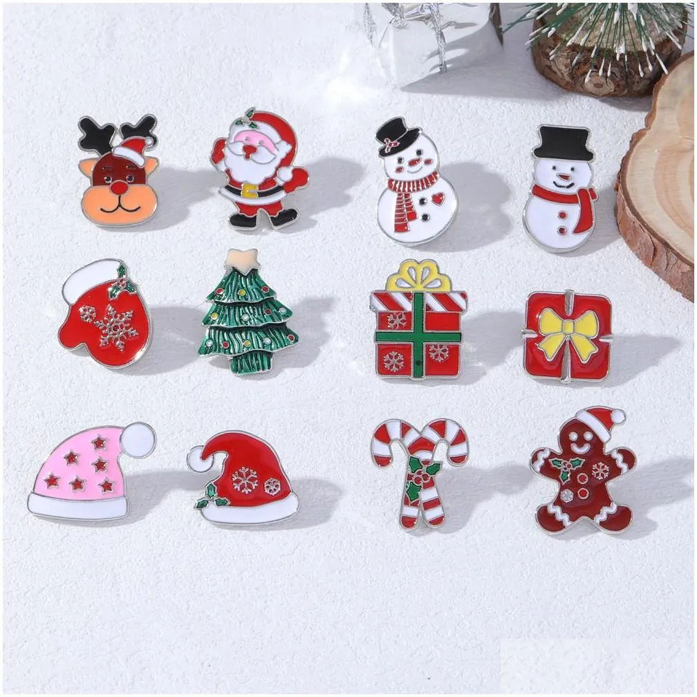 2022 Winter Cartoon Christmas Brooch Pins 12pcs Set Tree Hat Glove Alloy Enamel Silver Plated Brooches for Children Small Jewelry Gift Badge Shirt