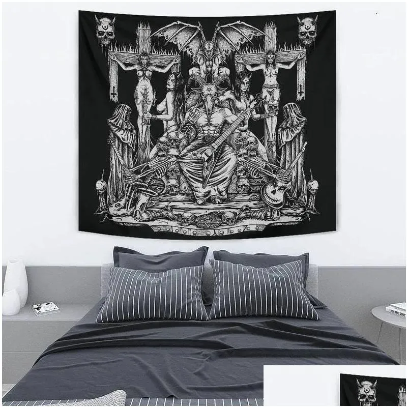 Tapestries Tapestries Sigil Of Lucifer Tapestry Baphomet Wall Hanging Goat Head Devil Horns Pentagram Pentacle Witchy Satanic Goth Dec Dhgb4