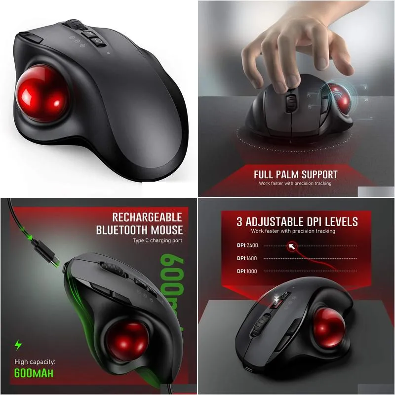 Mice Bluetooth Mouse Rechargeable 2.4G USB Wireless Mice Ergonomic Trackball Mouse for Computer 1000 1600 1800 DPI 231208