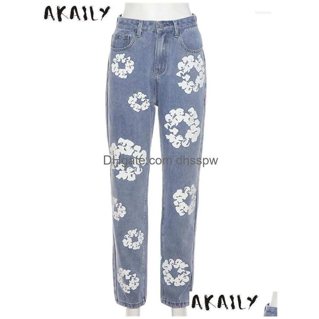 womens jeans akaily fall floral print for women streetwear 2023 blue high waist baggy ladies solid casual straight long pants