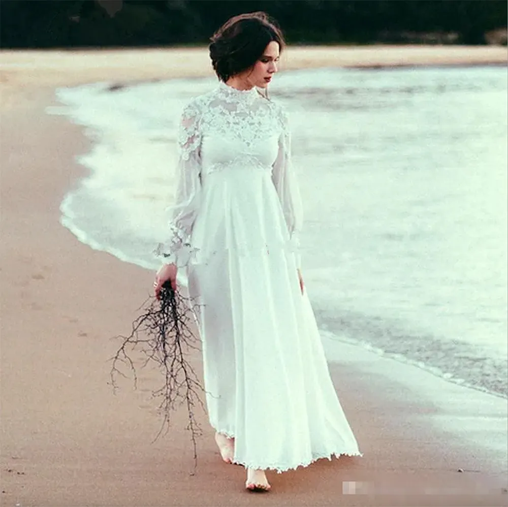 Boho High Neck Long Sleeves Wedding Dresses 2023 Lace Chiffon Empire Waist Ankle Length Beach Wedding Gown