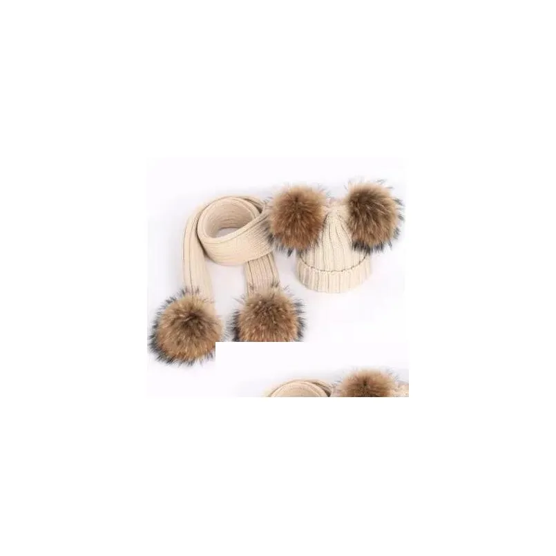 New children`s double hair ball woolen hat scarf set men and women thickened raccoon fur knitted ear cap