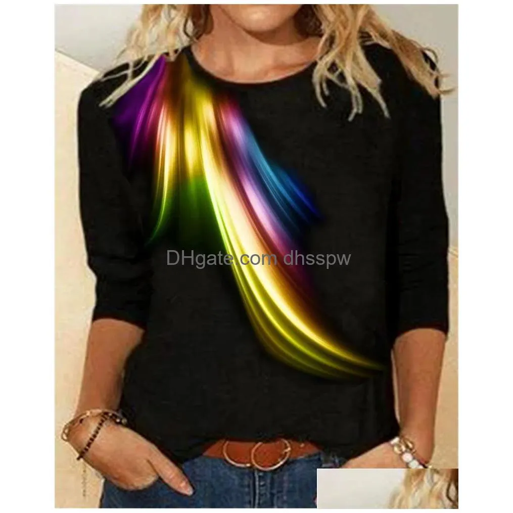 womens t-shirt casual color-changing printed round neck long sleeve t-shirt