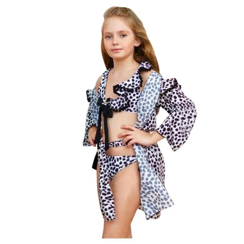 Fashion Kids Baby Girls Leopard Print BIkini Swimwear Cape Coat Bathing Suit Beachwear Separate Girls swimsuit X1