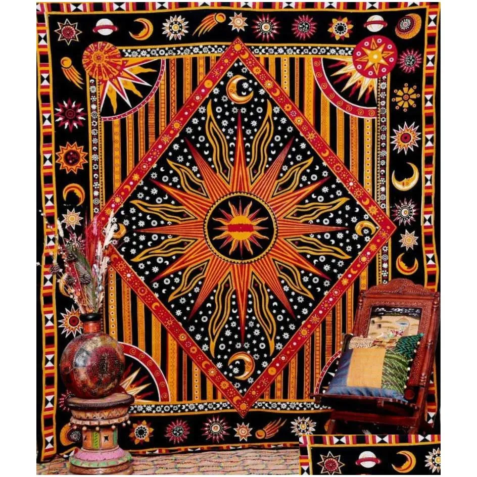 Tapestries Hippy Hippie Psychedelic Mandala Moon Sun Tapestry Wall Hanging Large Indian Bohemian Tapestries Cloth Decor Sh190925 Drop Dhqgc