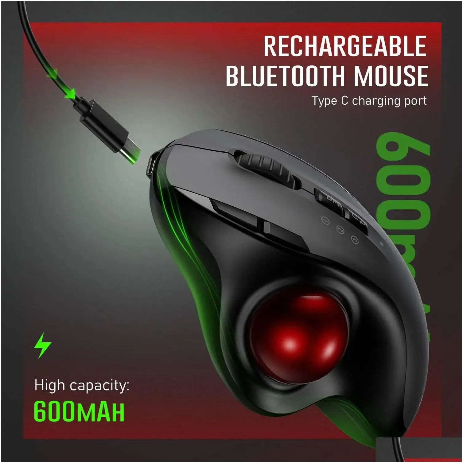 Mice Bluetooth Mouse Rechargeable 2.4G USB Wireless Mice Ergonomic Trackball Mouse for Computer 1000 1600 1800 DPI 231208