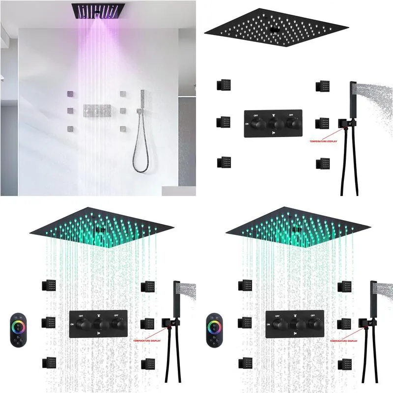 Matte Black LED Shower System Ceiling Mounted 12 Inch Mist and Rain Shower Head Bathroom Cold and Hot Shower Faucet Set