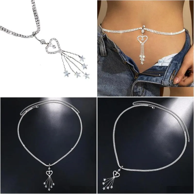 Navel Bell Button Rings GLAMing Boho Heart Dangle Rhinestone Piercing Chain Belly Ring with Waist Women Body Jewelry 231204